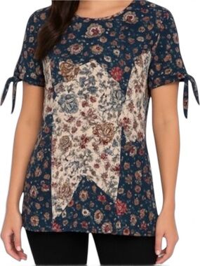 Westport Women's Top, PL. Short Sleeves Split Ties Floral Multicolor.
Soft